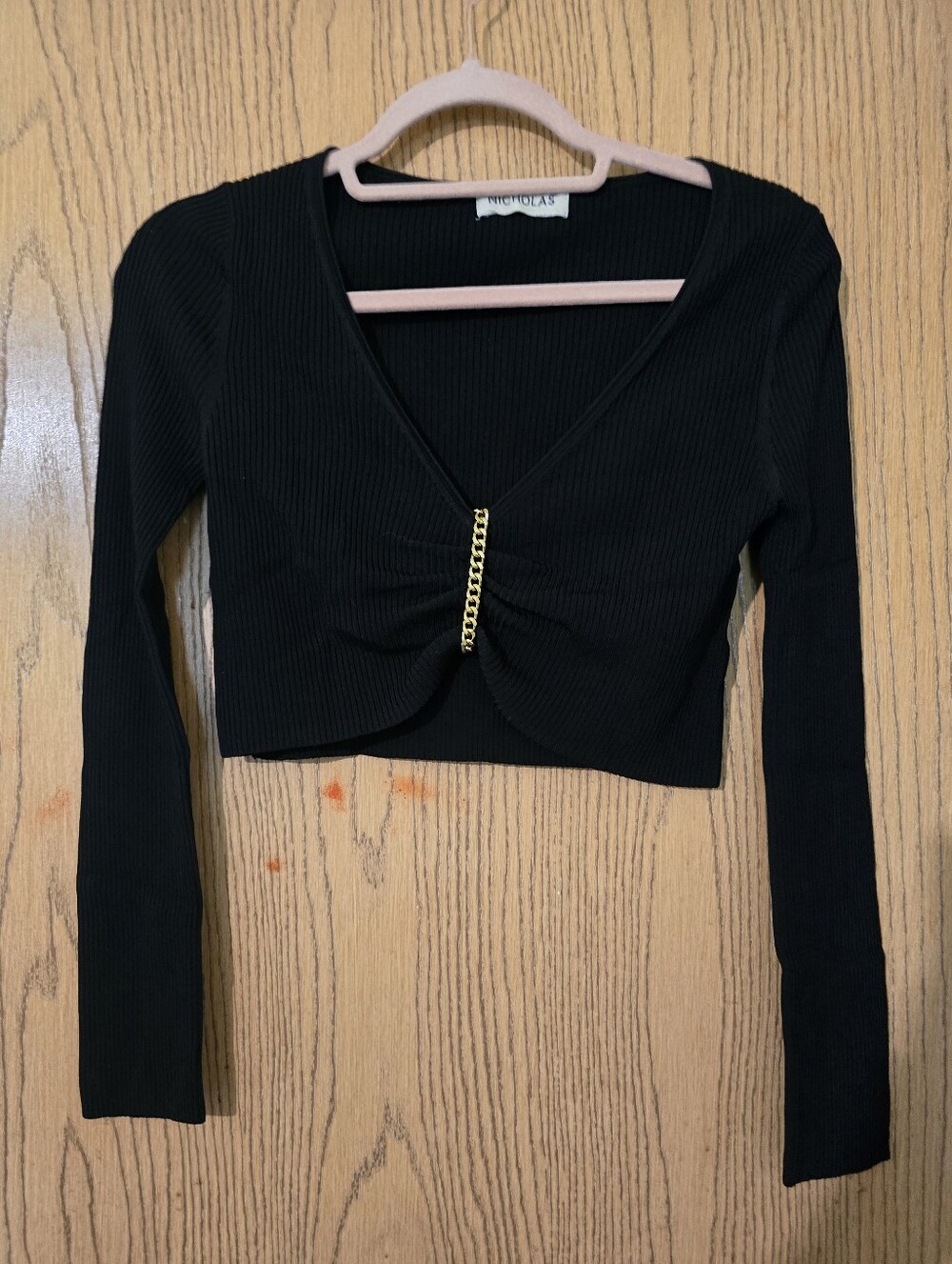 NICHOLAS Black Ribbed Long-Sleeve Cropped Top with Gold Chain Detail